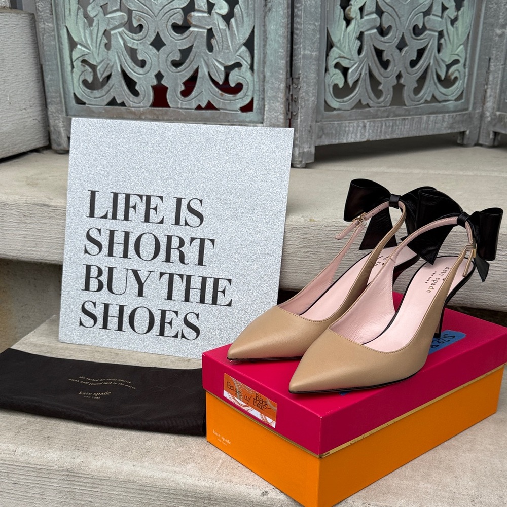kate spade Tan Pointed-Toe Ankle-Strap Pumps with Black Bow